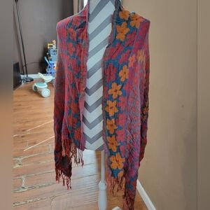 Source Unknown Red Floral Fringe Wrap with Mustard Accents